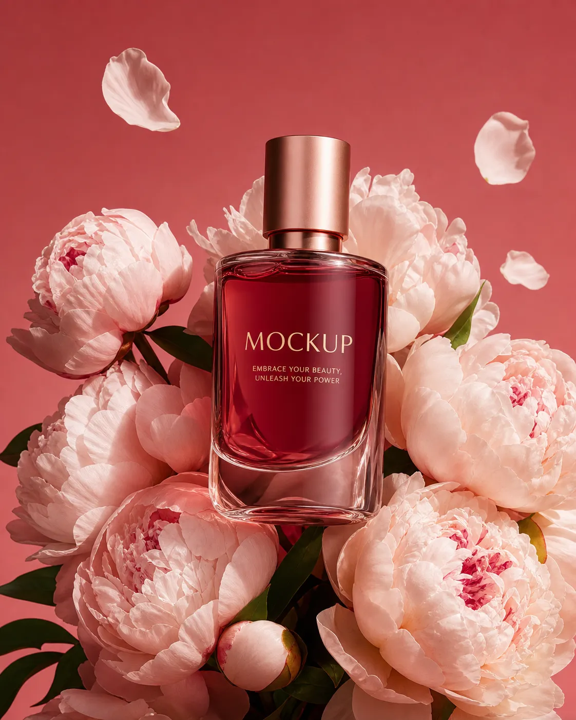 Red perfume bottle mockup surrounded by pink peonies｜AI Image Generation Prompts