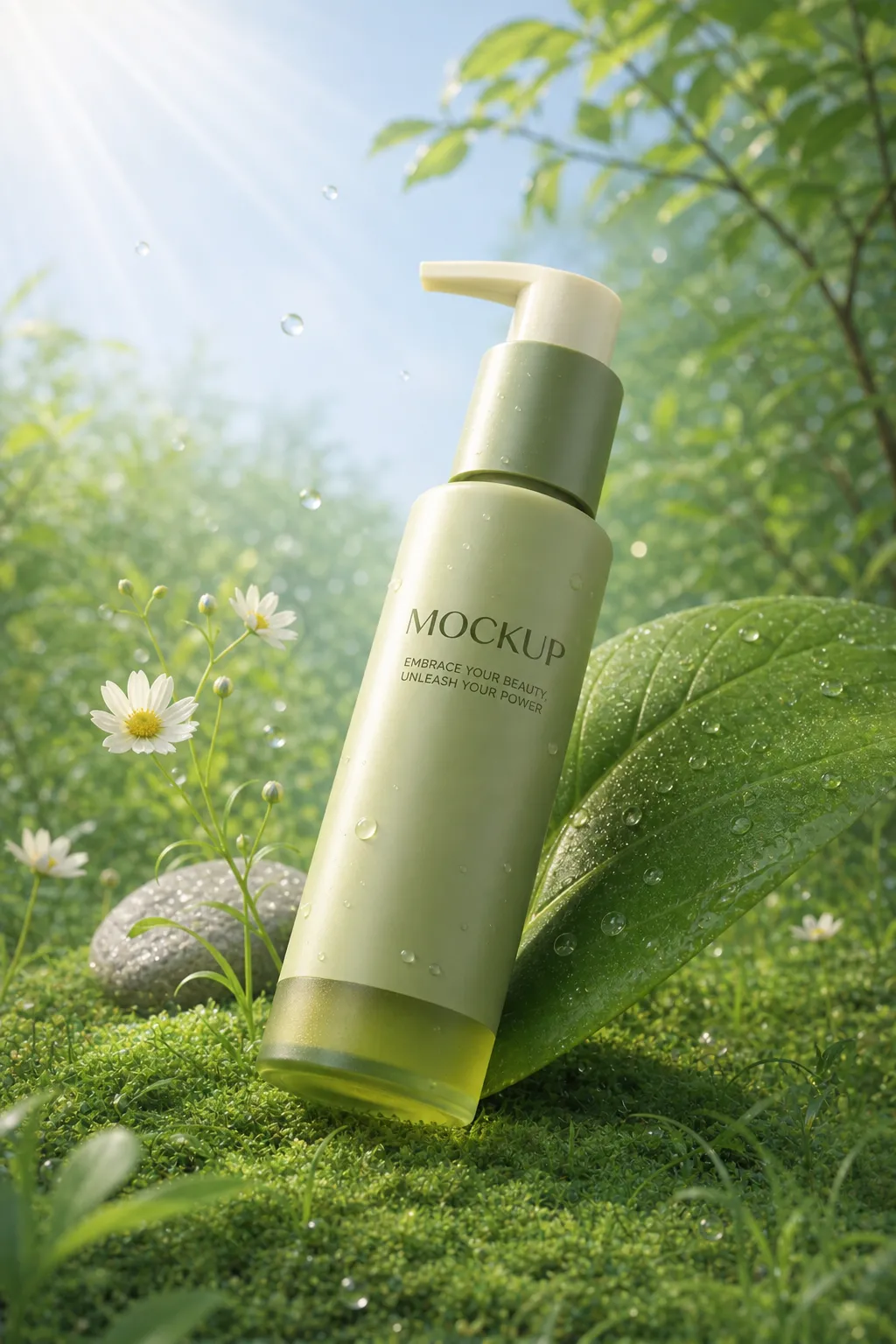 Green Pump Bottle Mockup in Natural Setting｜AI Image Generation Prompts