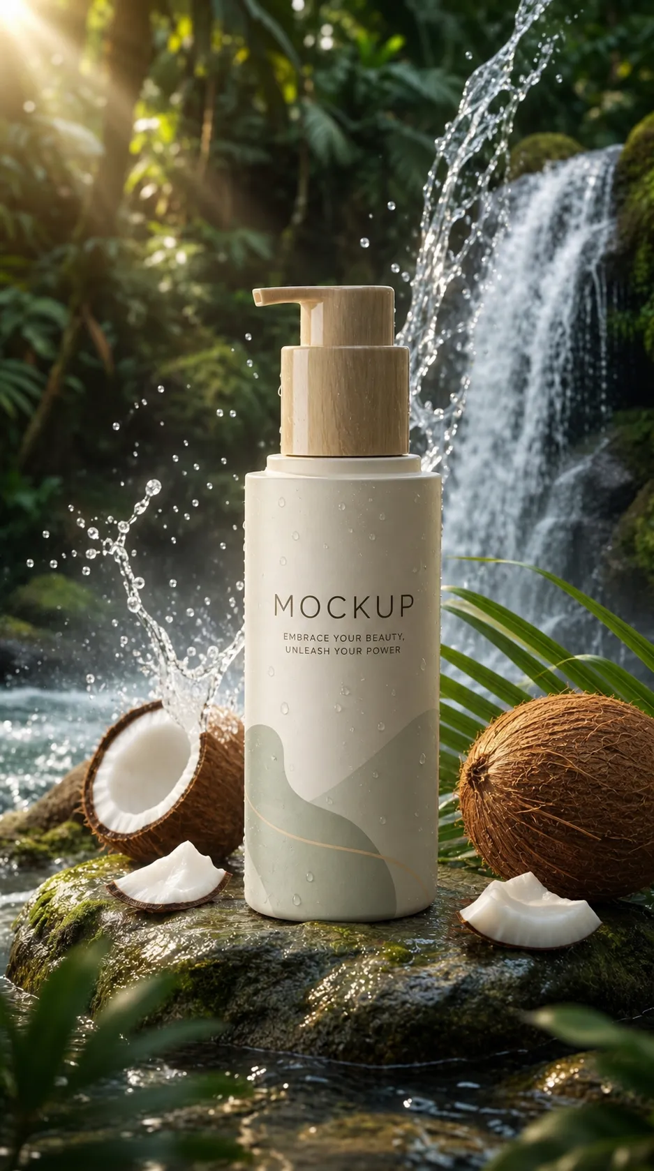 Natural Cosmetic Bottle Mockup with Coconuts and Waterfall｜AI Image Generation Prompts