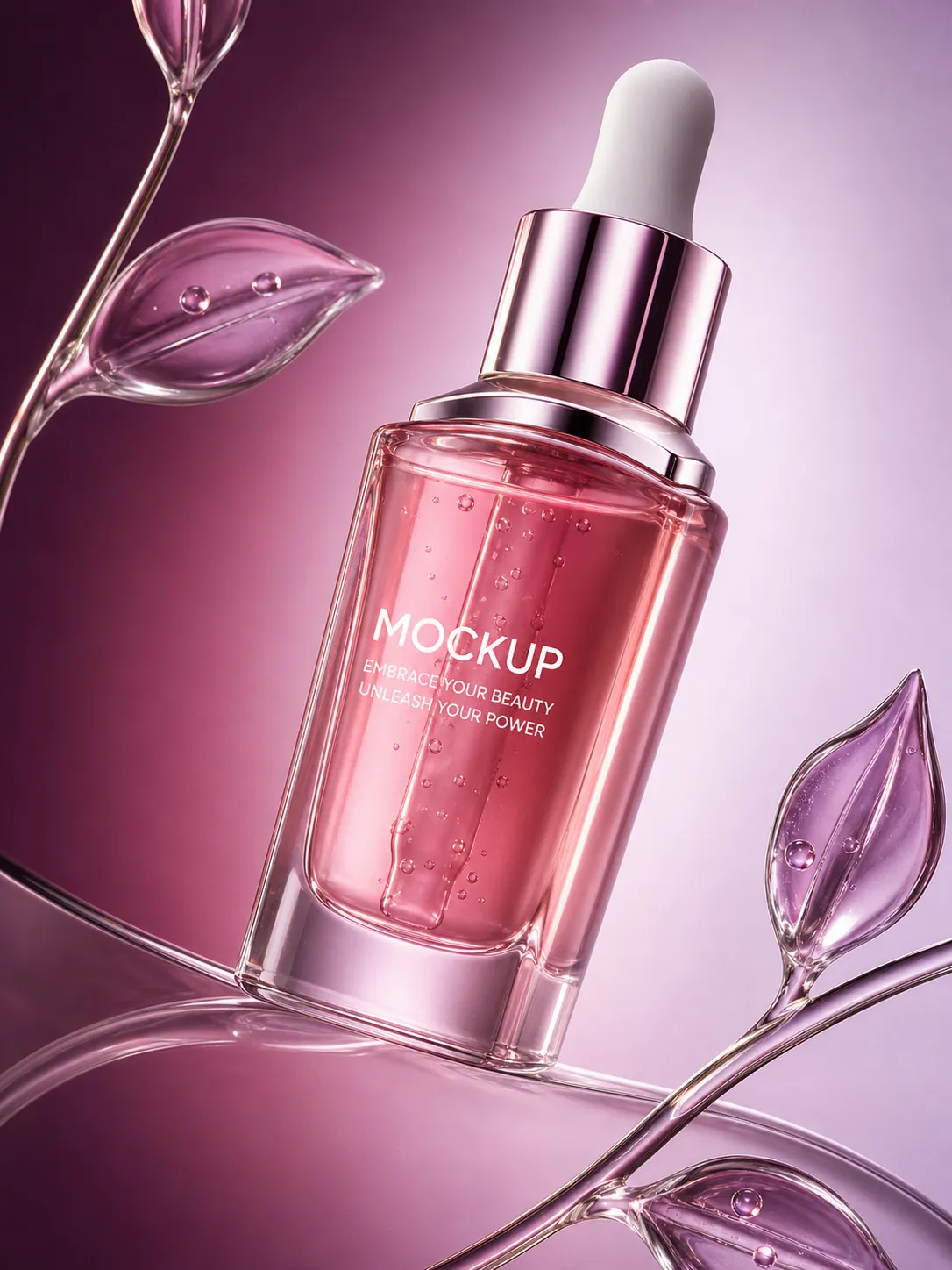 Pink Serum Bottle Mockup with Glass Leaves｜AI Image Generation Prompts