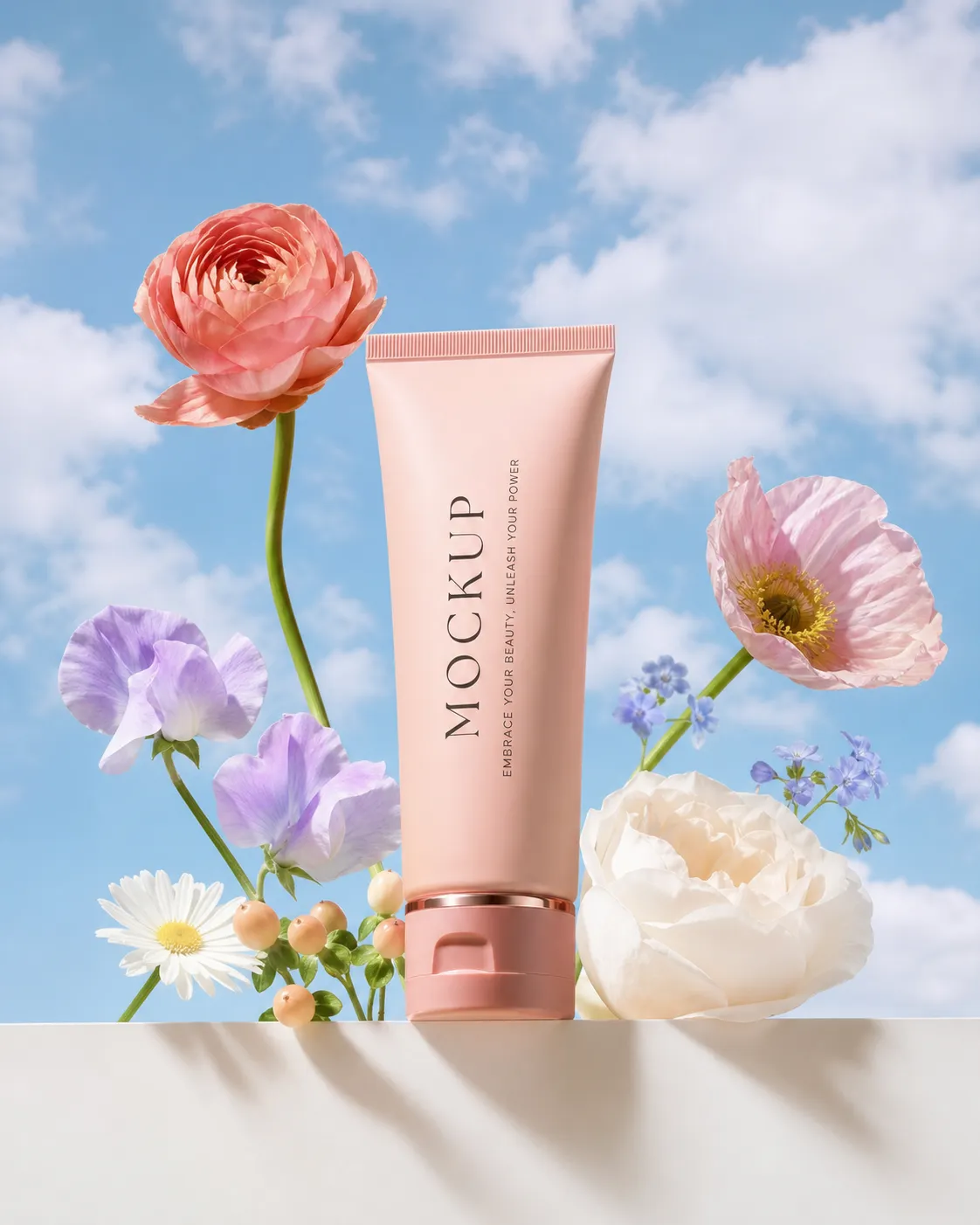 Pink Cosmetic Tube Mockup With Fresh Flowers｜AI Image Generation Prompts