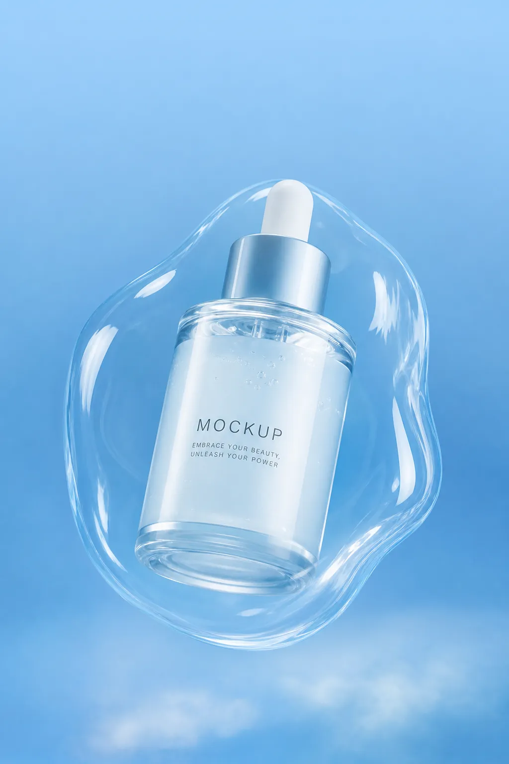 Skincare Dropper Bottle Mockup in Clear Bubble｜AI Image Generation Prompts