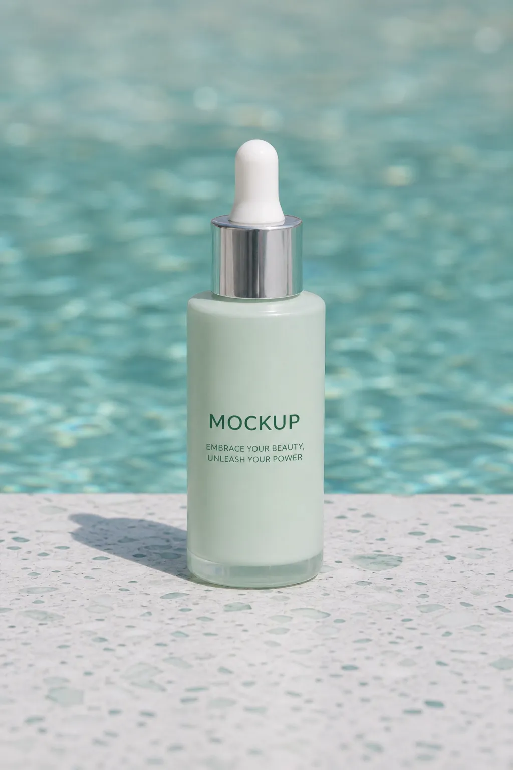 Green dropper bottle mockup on terrazzo｜AI Image Generation Prompts