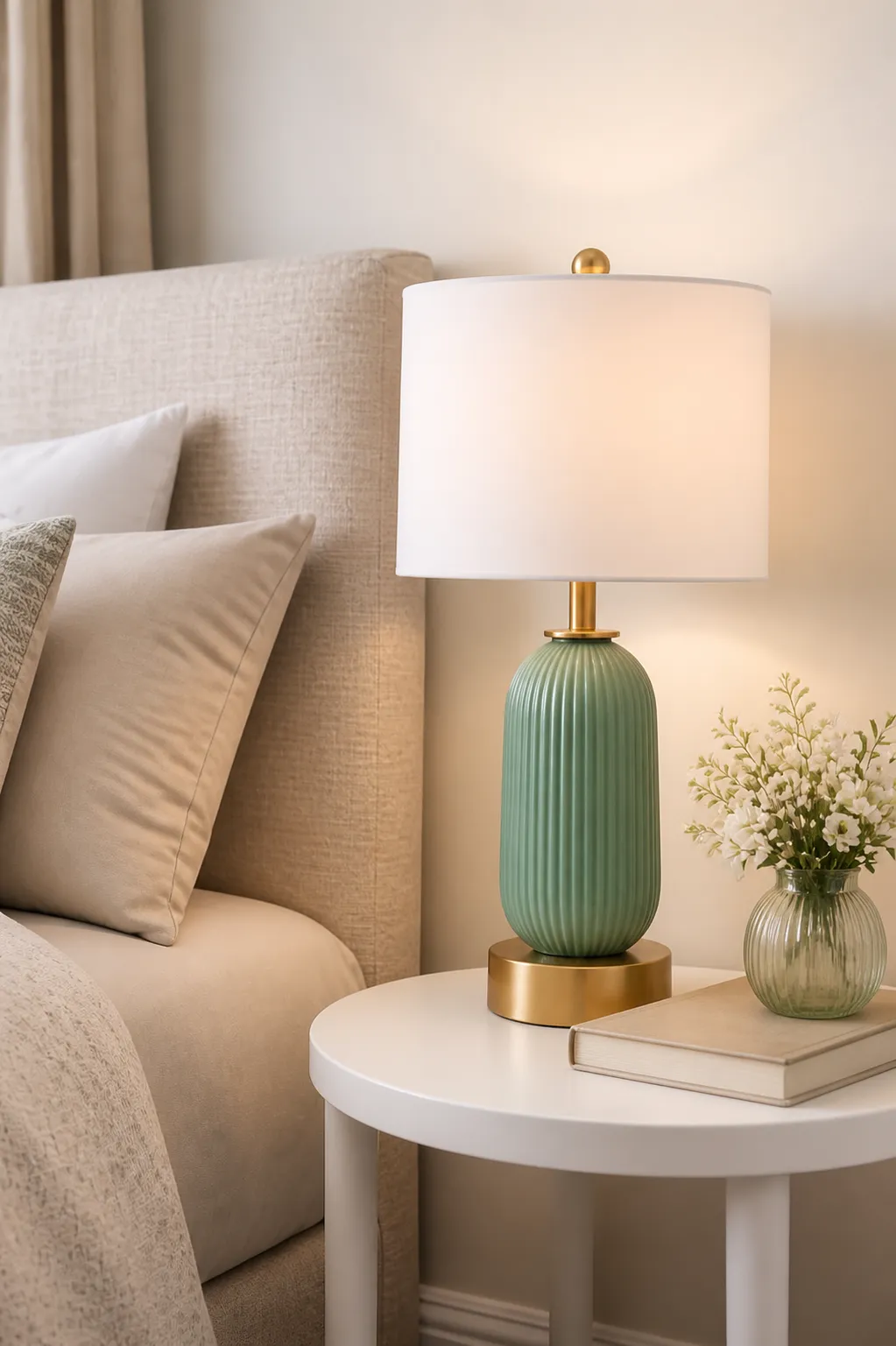 Green Ceramic Table Lamp on White Nightstand｜AI Image Generation Prompts