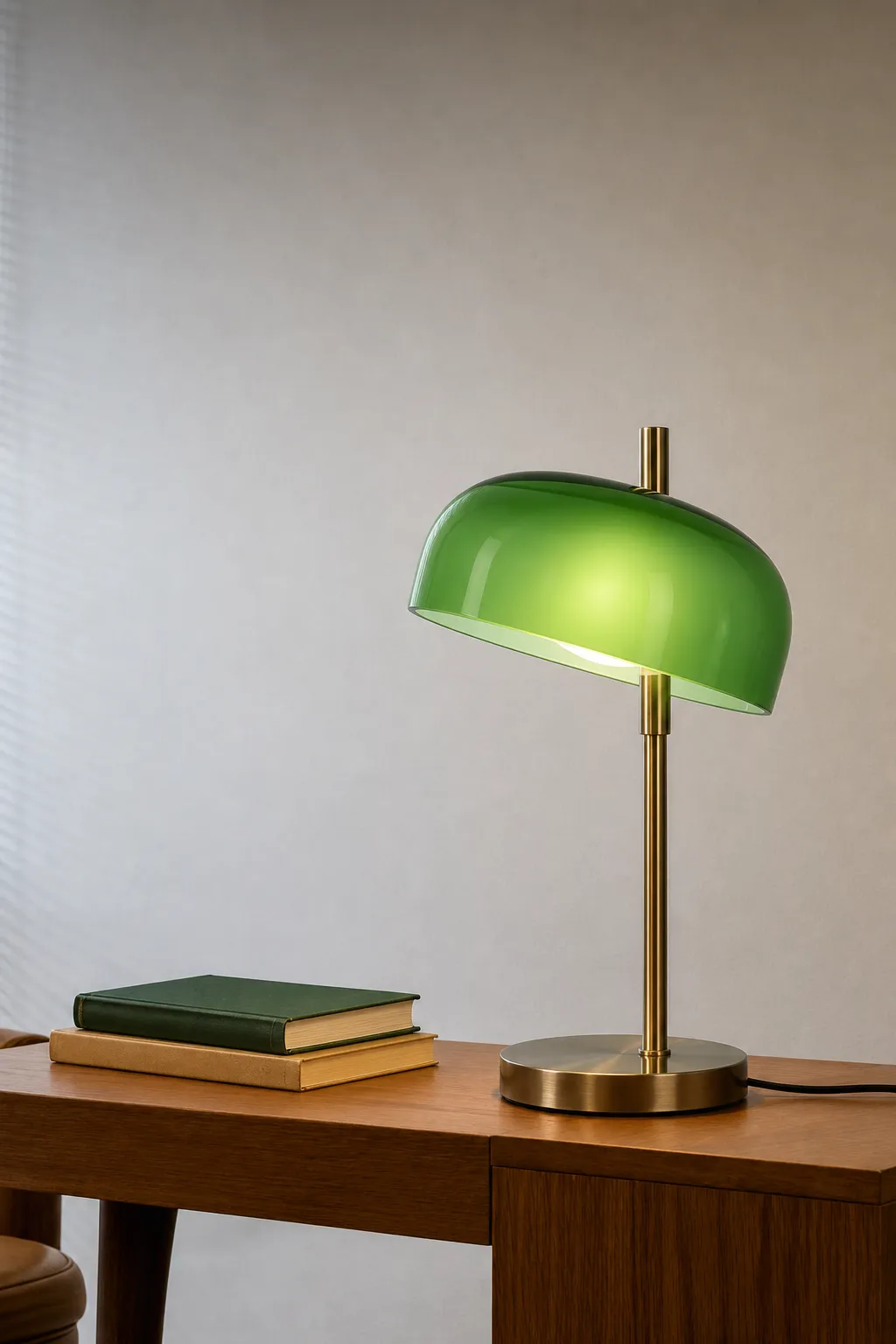 Green dome desk lamp on wooden table with books｜AI Image Generation Prompts