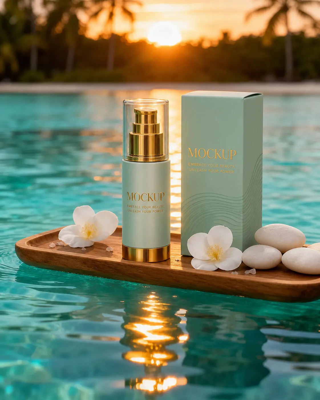 Cosmetic bottle mockup on wooden tray in pool at sunset｜AI Image Generation Prompts