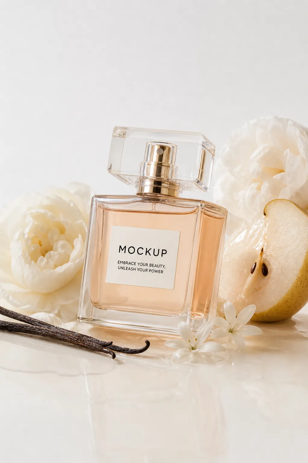 Perfume Bottle Mockup with Pear and White Flowers｜AI Image Generation Prompts