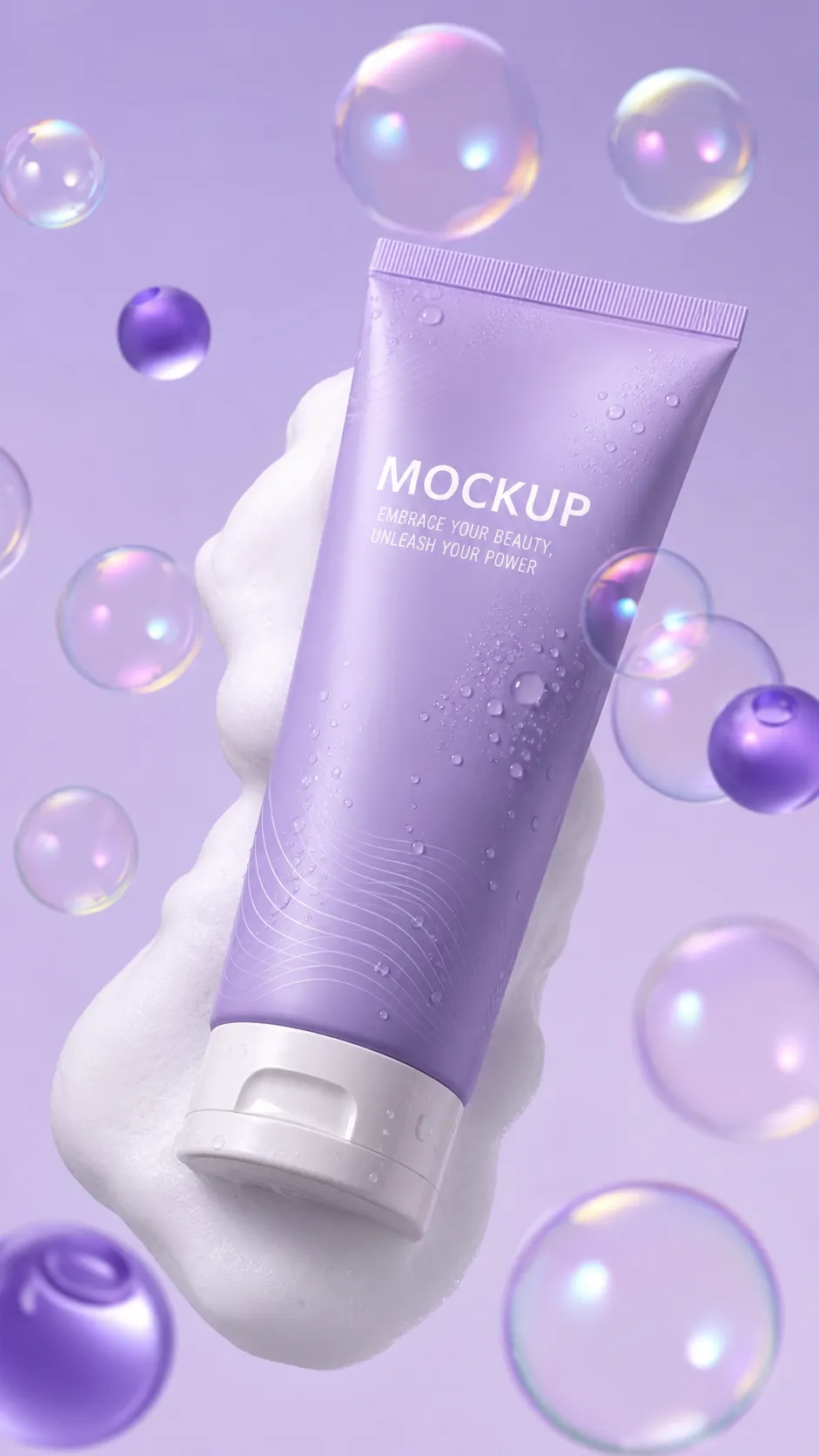 Purple Cosmetic Tube Mockup with Foam and Bubbles｜AI Image Generation Prompts