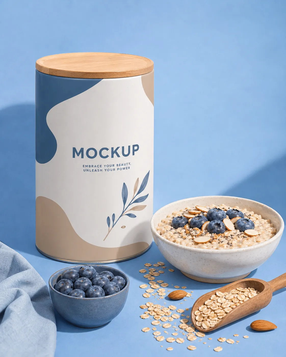 Cylindrical container mockup with oatmeal and blueberries｜AI Image Generation Prompts