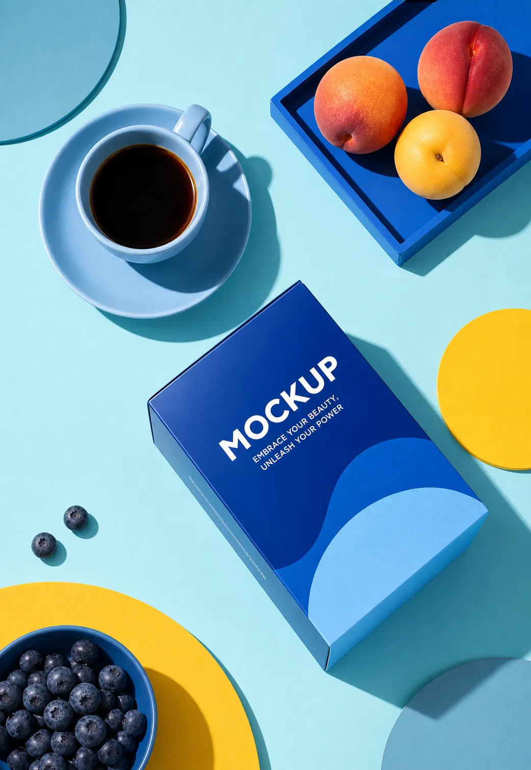 Blue Product Box Mockup With Coffee And Fresh Fruit｜AI Image Generation Prompts