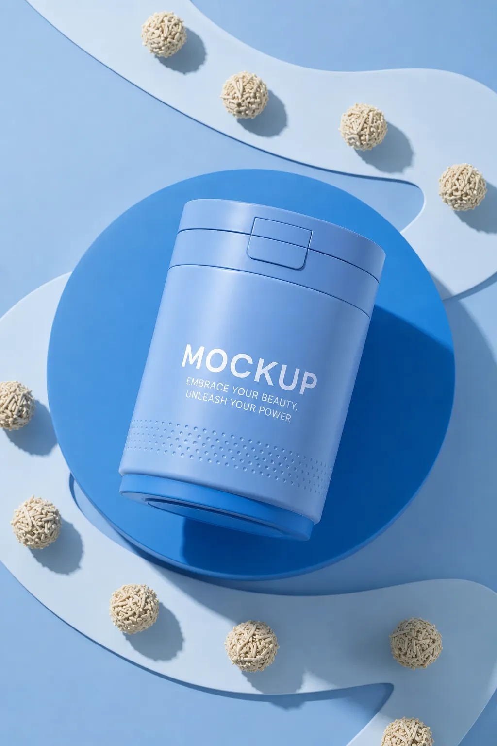 Blue Cylindrical Jar Mockup on Abstract Background｜AI Image Generation Prompts
