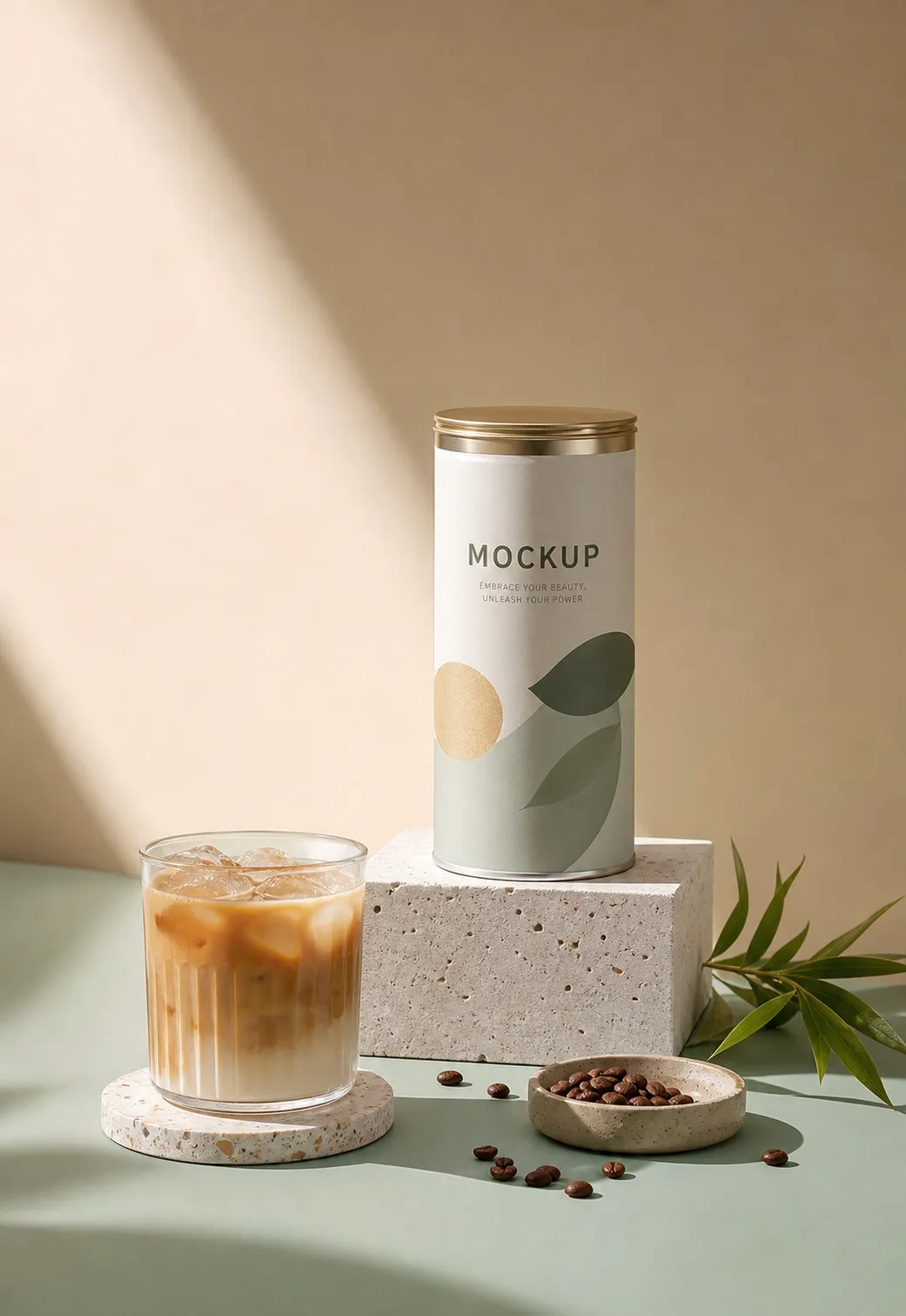 Cylindrical coffee can mockup with iced latte｜AI Image Generation Prompts