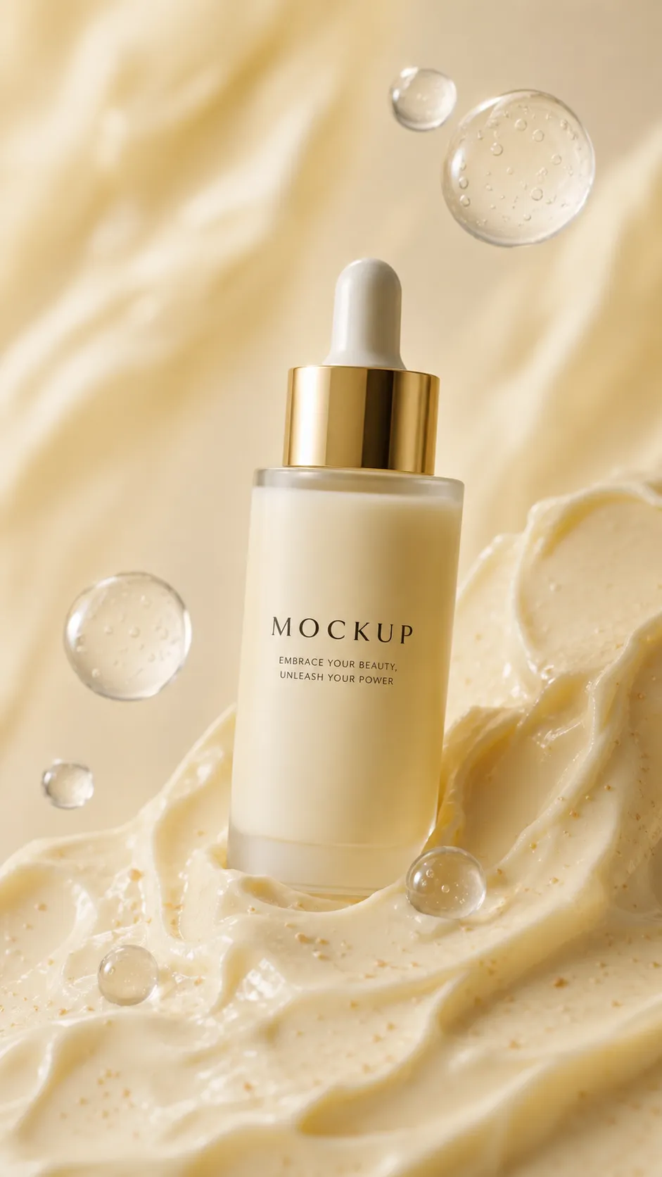 White Cosmetic Dropper Bottle Mockup in Cream Texture｜AI Image Generation Prompts