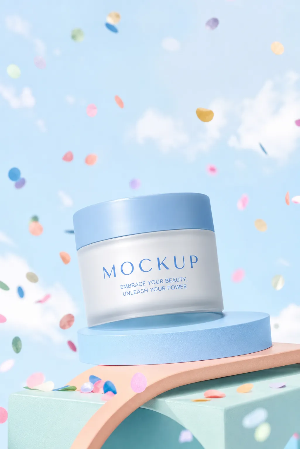 Cosmetic Jar Mockup with Confetti on Pastel Podium｜AI Image Generation Prompts