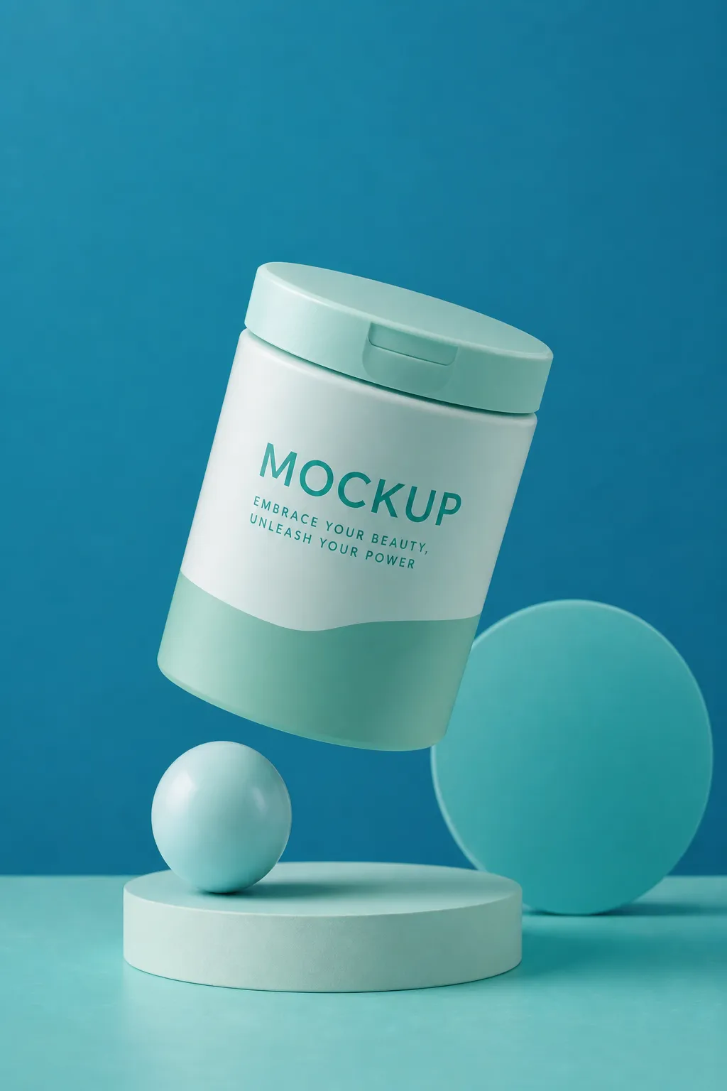 Floating Cosmetic Jar Mockup on Teal Background｜AI Image Generation Prompts