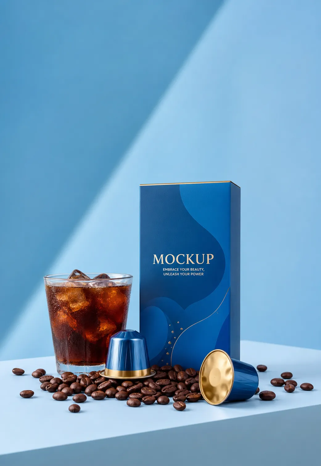 Blue Coffee Capsule Mockup with Iced Drink｜AI Image Generation Prompts
