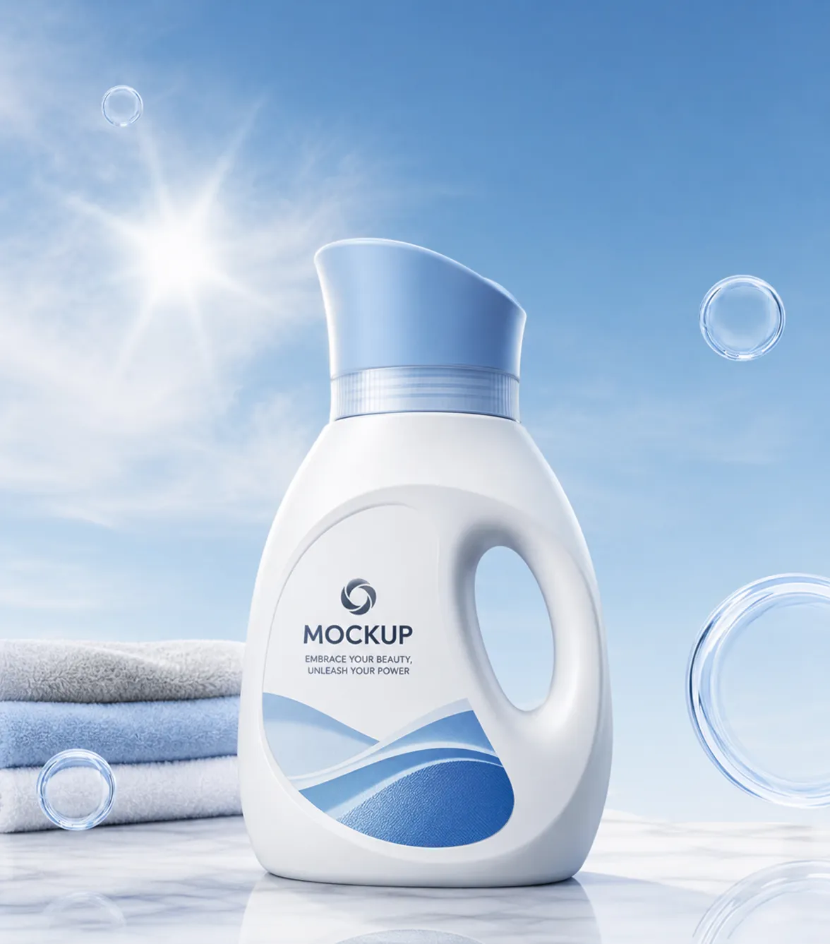 Laundry Detergent Bottle Mockup with Blue Sky｜AI Image Generation Prompts