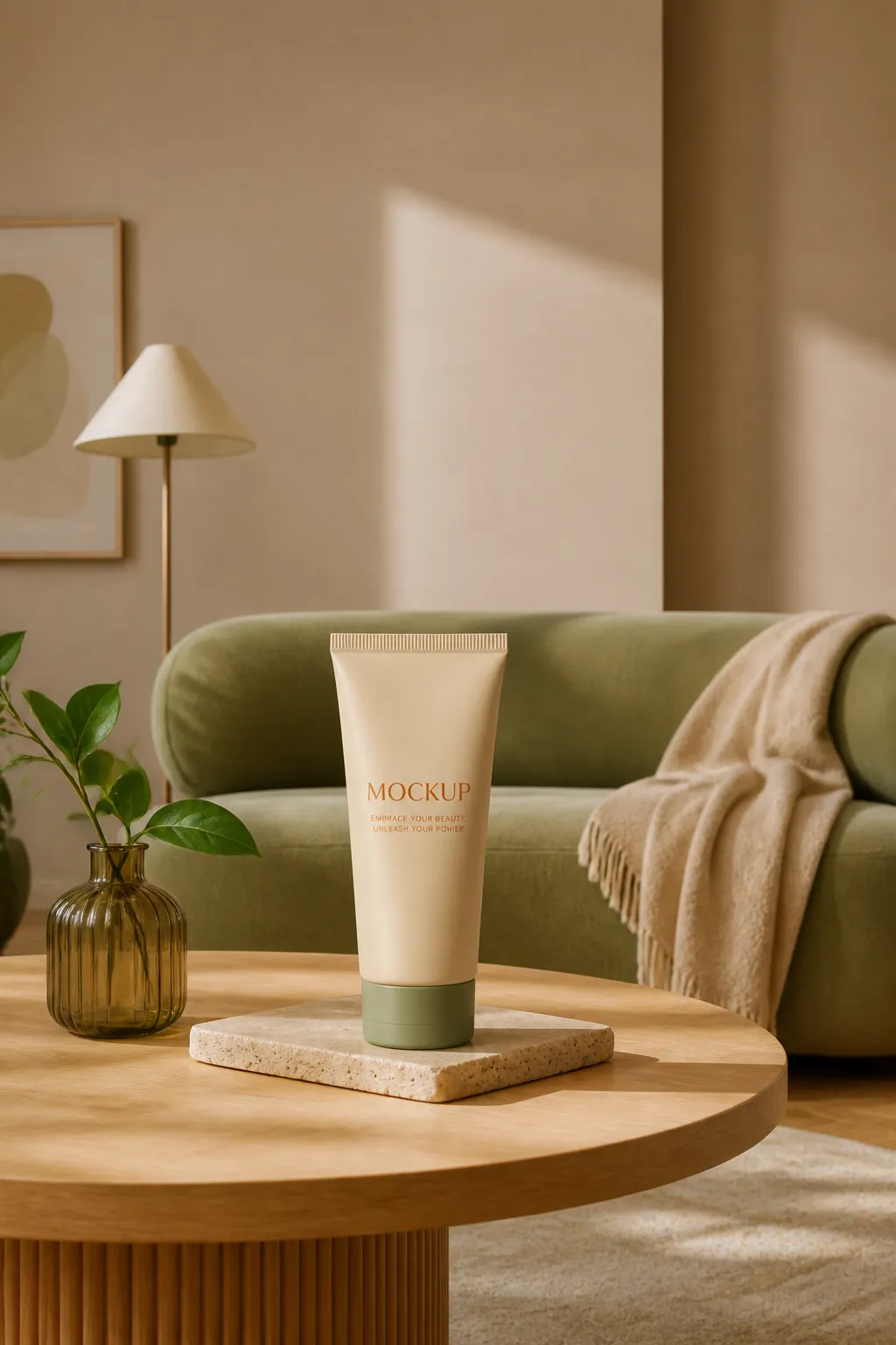 Cosmetic Tube Mockup on Wooden Table in Living Room｜AI Image Generation Prompts