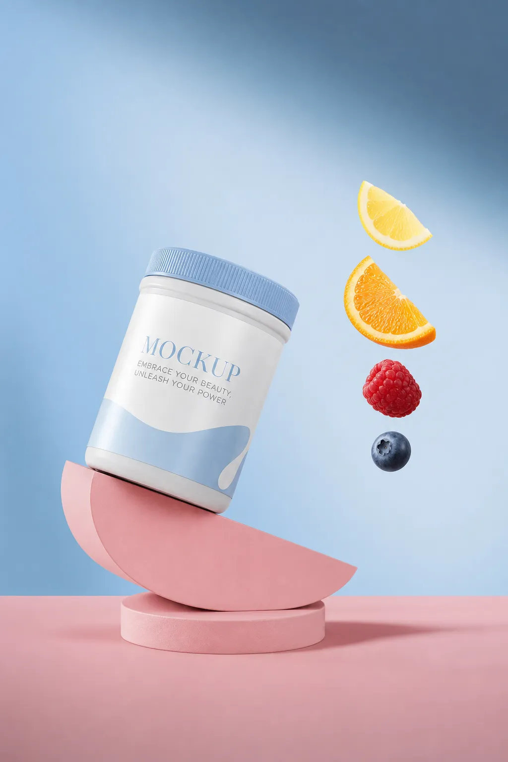 White Jar Mockup with Floating Fruit on Pink Podium｜AI Image Generation Prompts