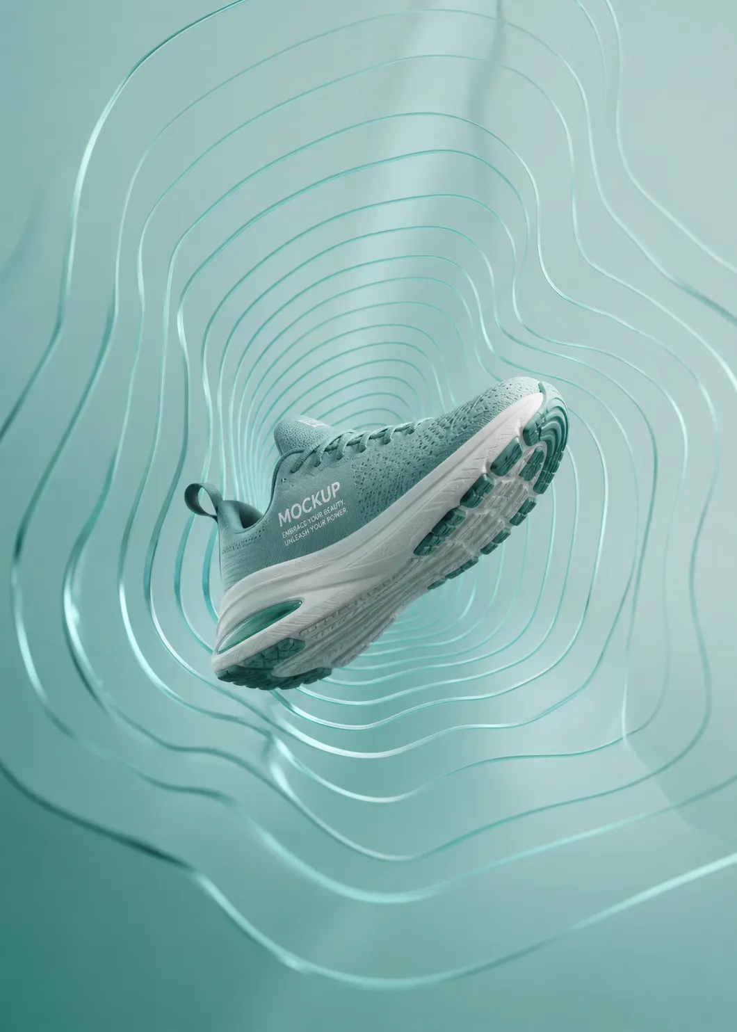Teal Running Shoe Mockup on Wavy Abstract Background｜AI Image Generation Prompts
