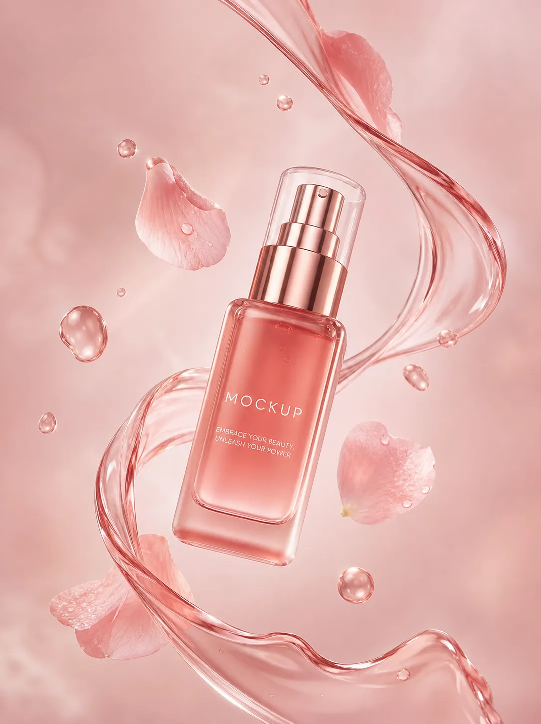 Pink Cosmetic Bottle Mockup with Water Splashes and Petals｜AI Image Generation Prompts