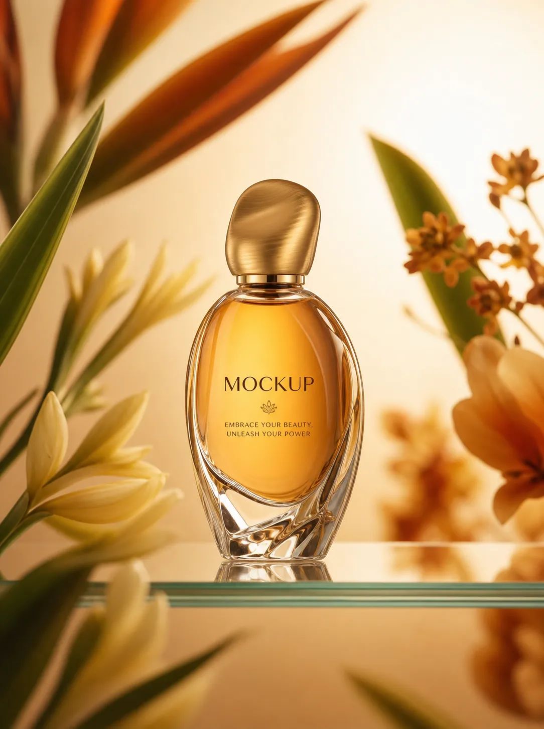 Luxury Perfume Bottle Mockup Surrounded by Flowers｜AI Image Generation Prompts