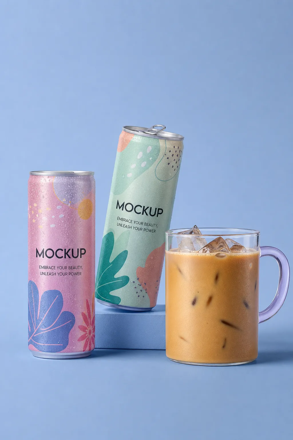Colorful slim can mockup and iced coffee glass｜AI Image Generation Prompts