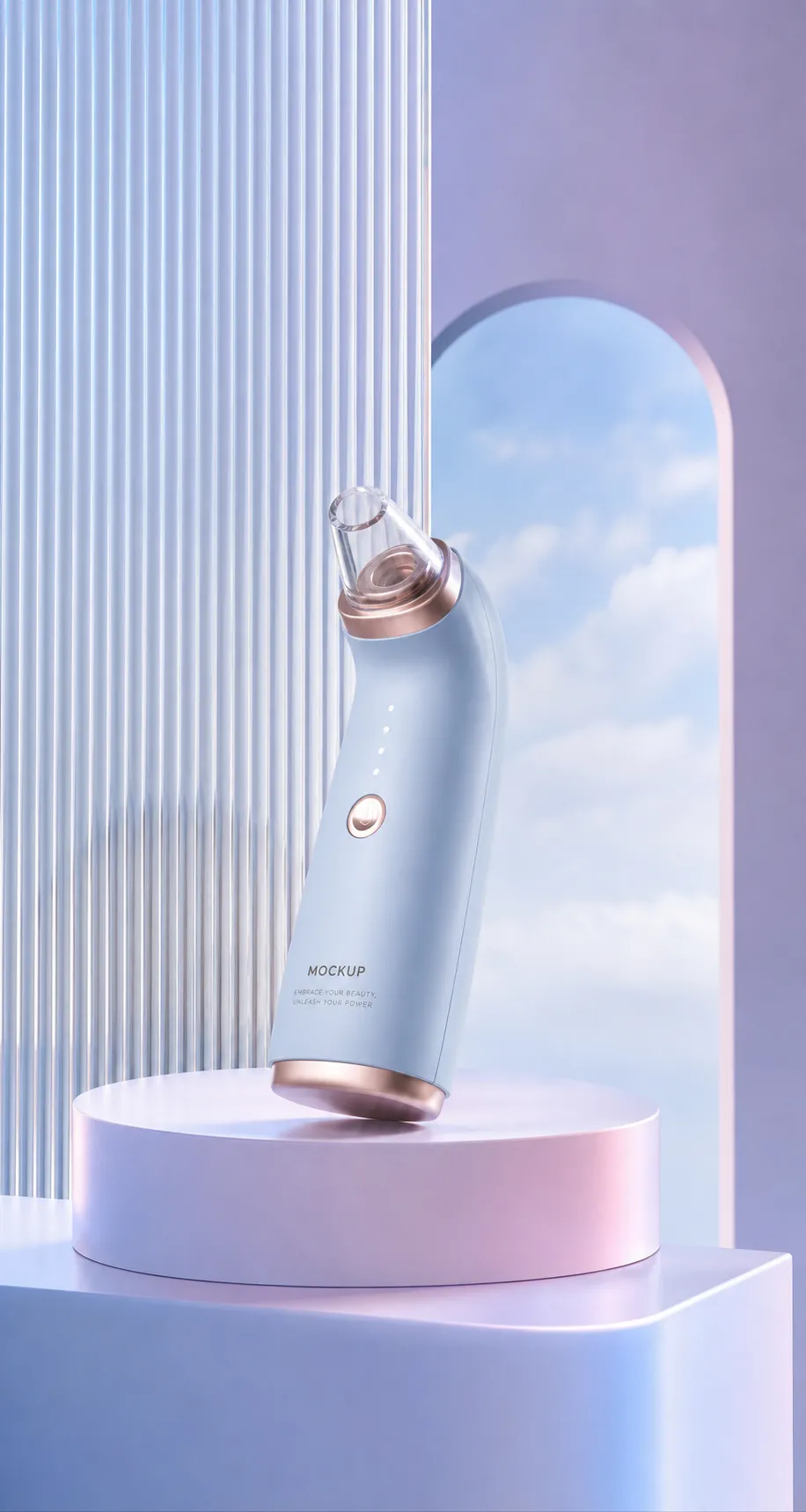 Blue handheld beauty device mockup on pastel podium｜AI Image Generation Prompts