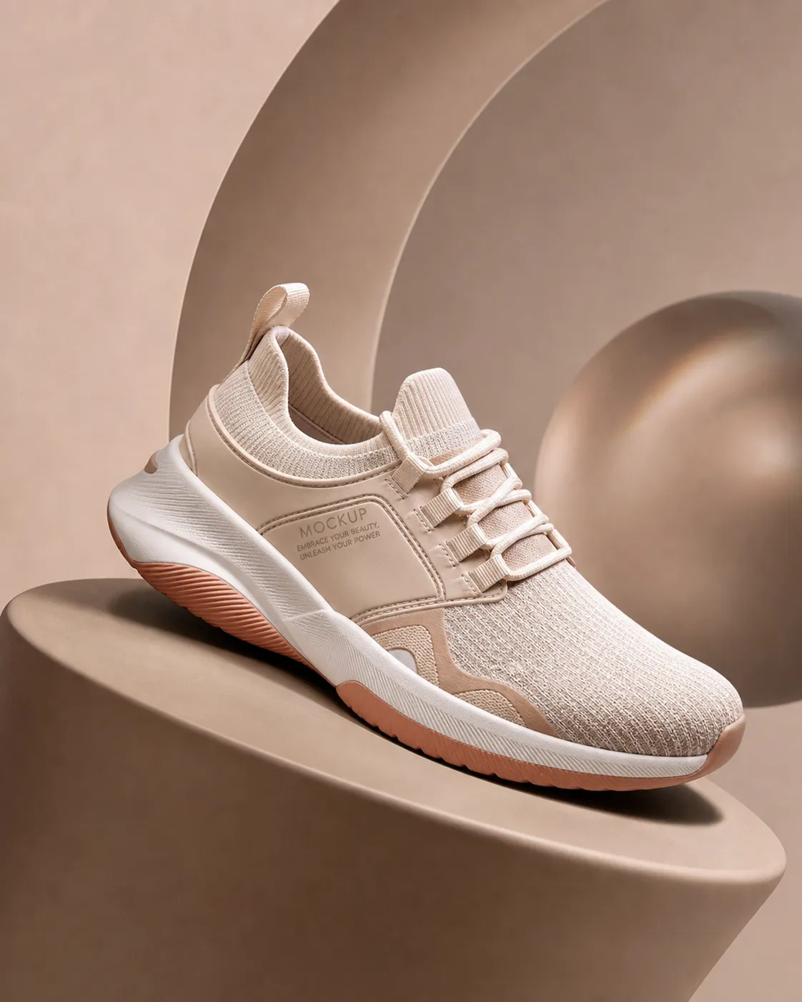 Beige Sneaker Shoe Mockup on Geometric Pedestal｜AI Image Generation Prompts