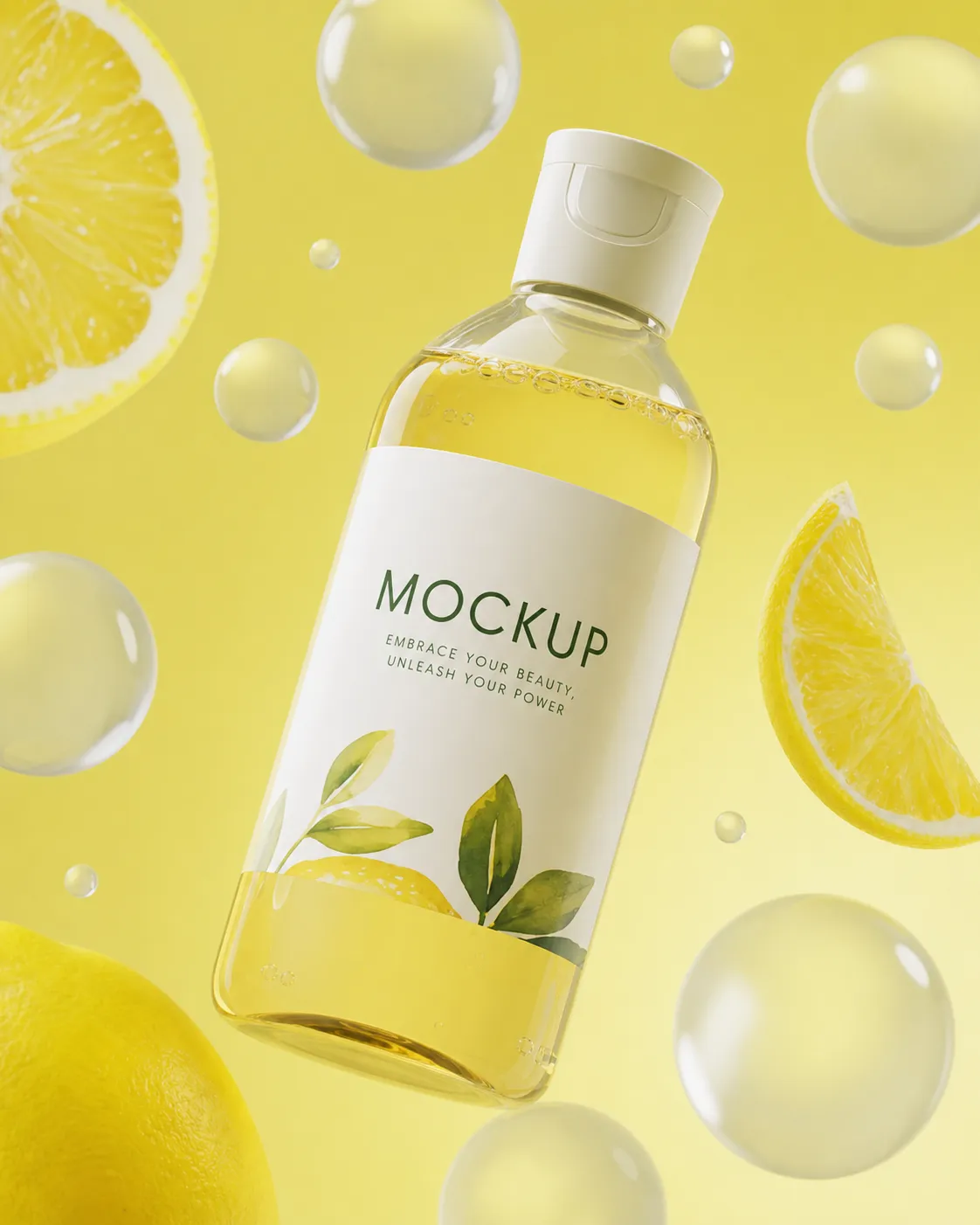 Lemon cosmetic bottle mockup with fresh fruit slices｜AI Image Generation Prompts