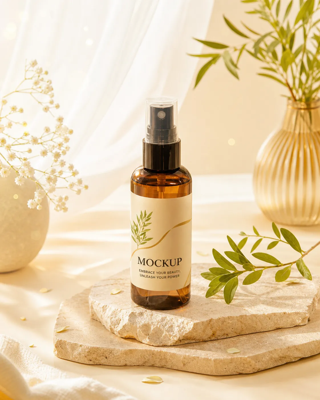 Amber Spray Bottle Mockup on Stone Slab with Flowers｜AI Image Generation Prompts