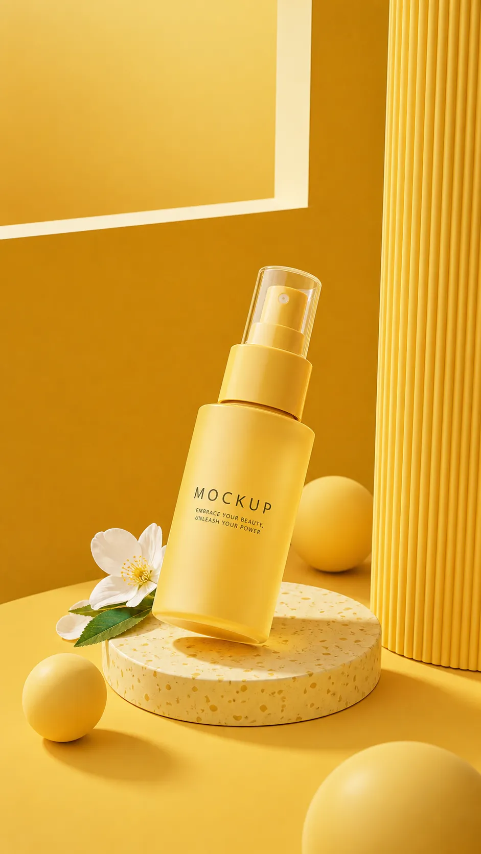 Yellow Cosmetic Spray Bottle Mockup on Podium｜AI Image Generation Prompts