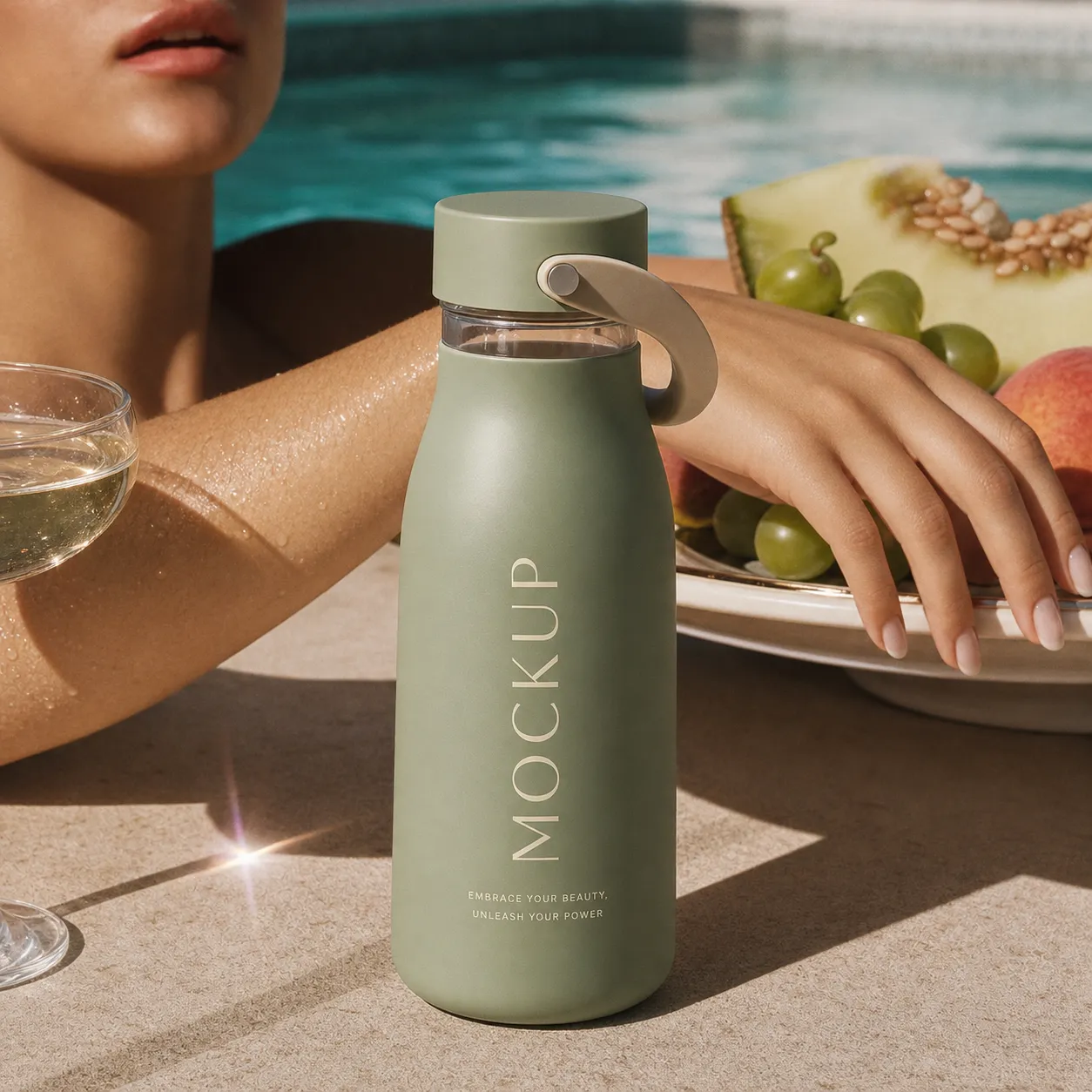 Green Water Bottle Mockup by the Pool with Fruit｜AI Image Generation Prompts