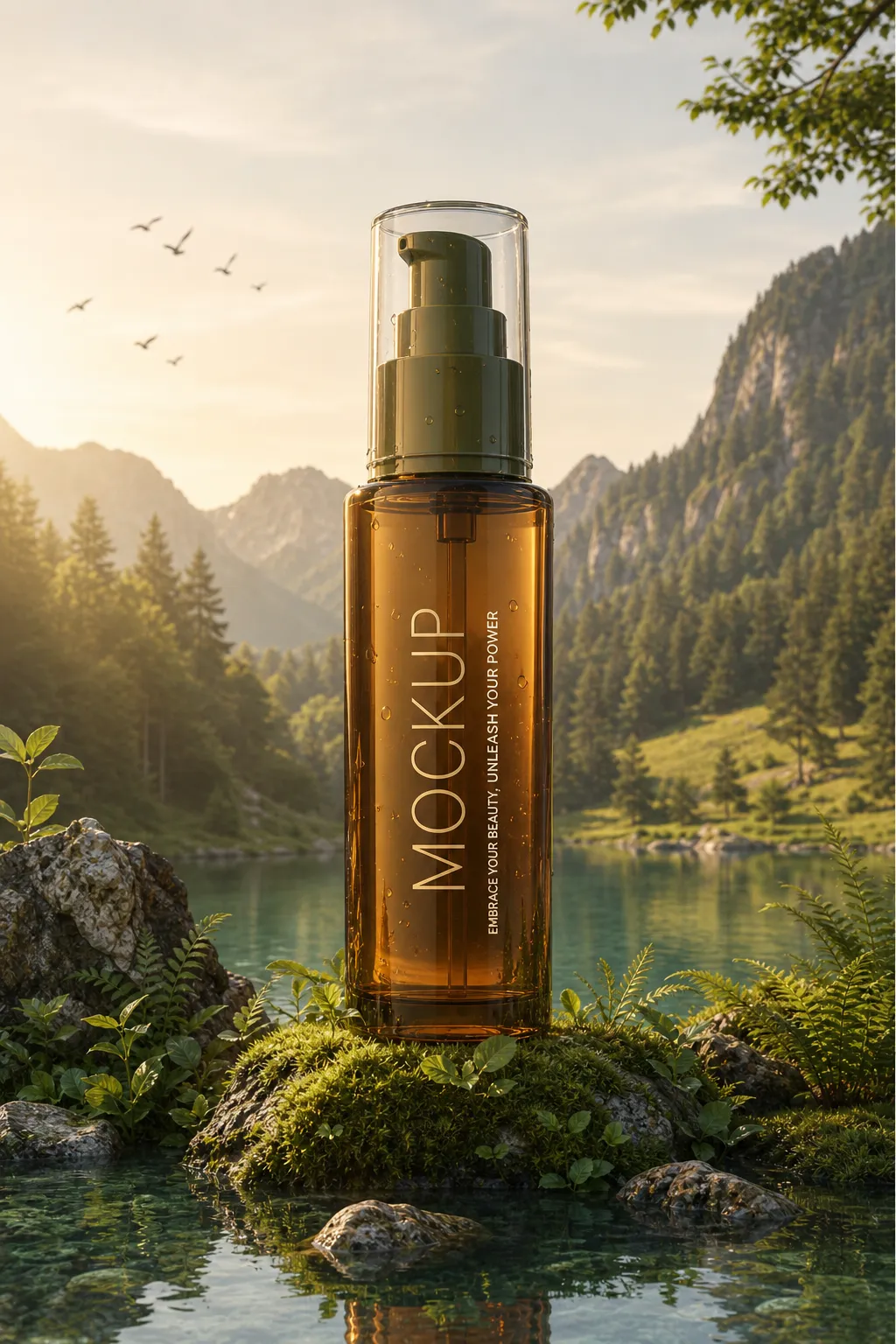 Amber Pump Bottle Mockup in Nature Lake Scene｜AI Image Generation Prompts