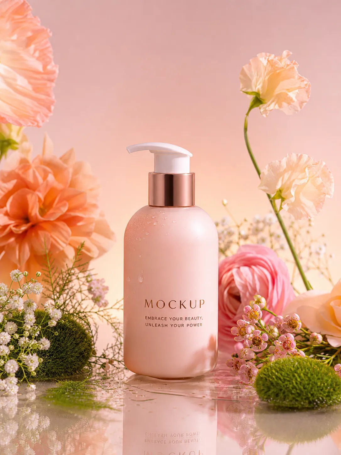 Pink Cosmetic Bottle Mockup With Flowers｜AI Image Generation Prompts