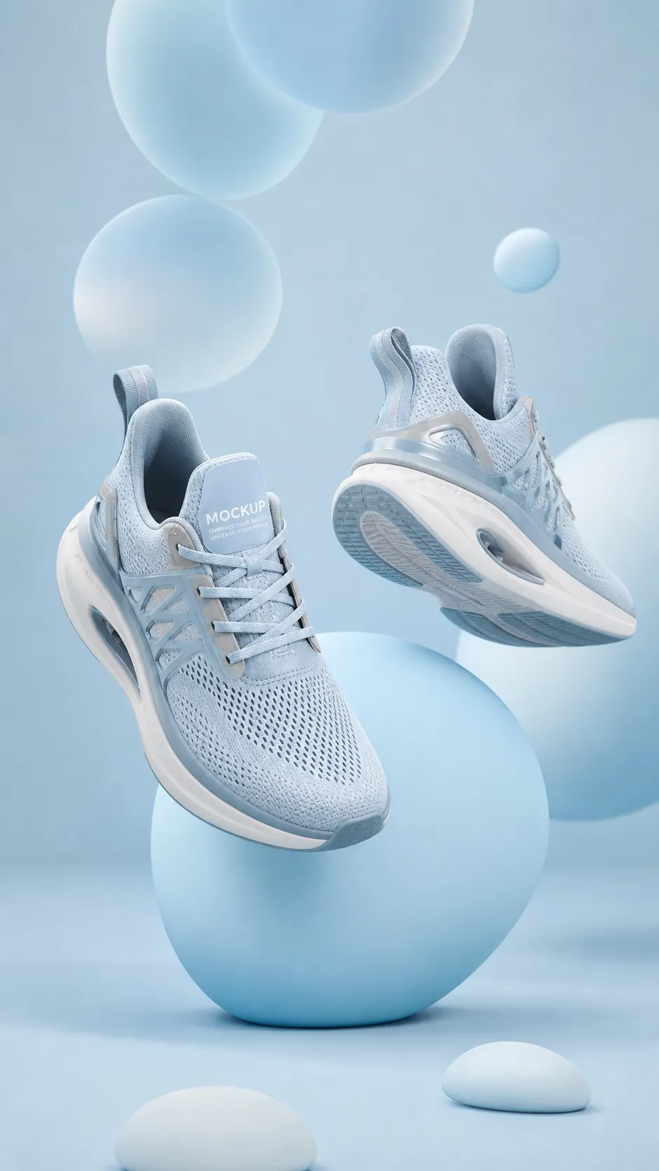 Light Blue Sneakers Floating Among Spheres Mockup｜AI Image Generation Prompts