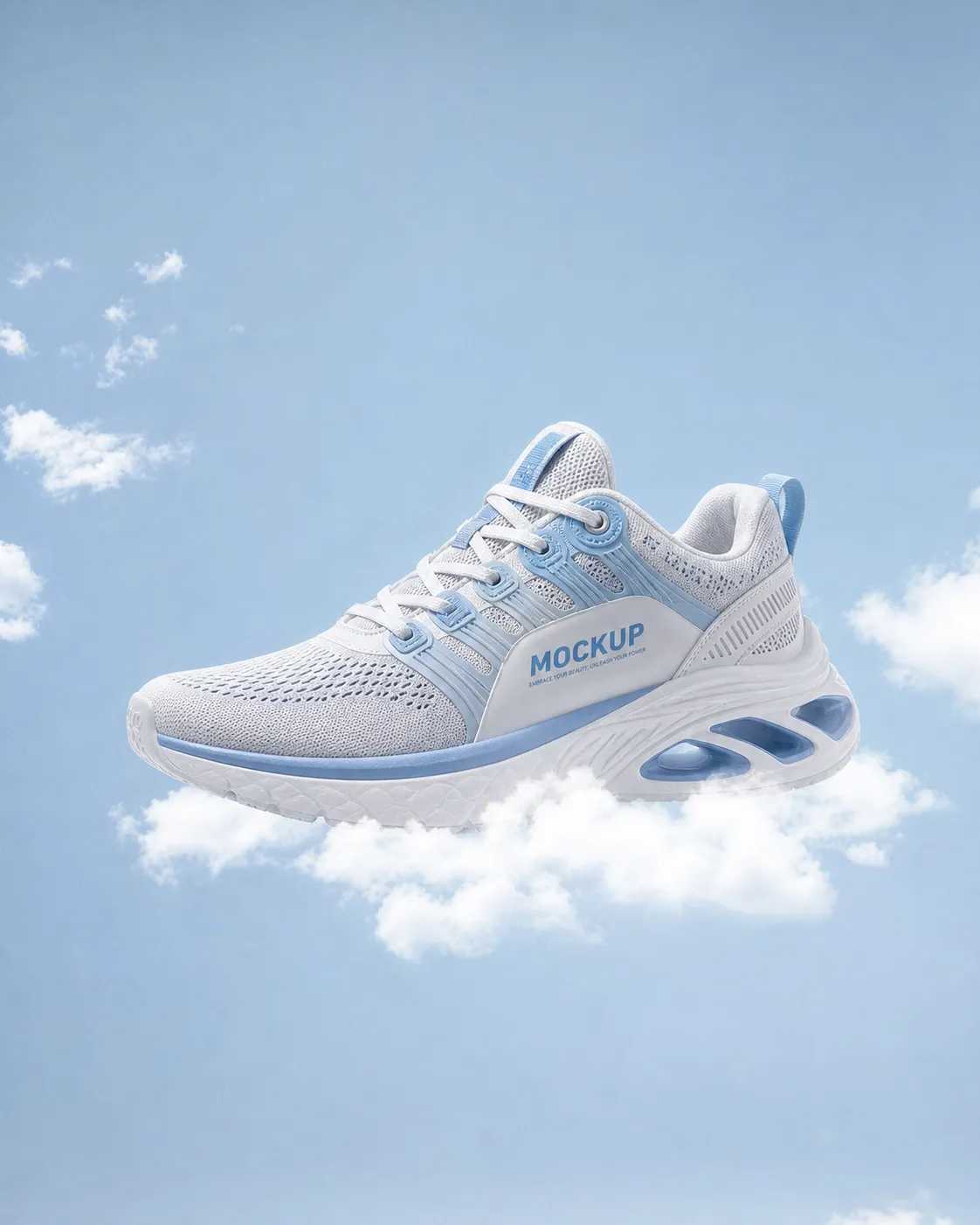 White and blue sneaker mockup floating on clouds｜AI Image Generation Prompts