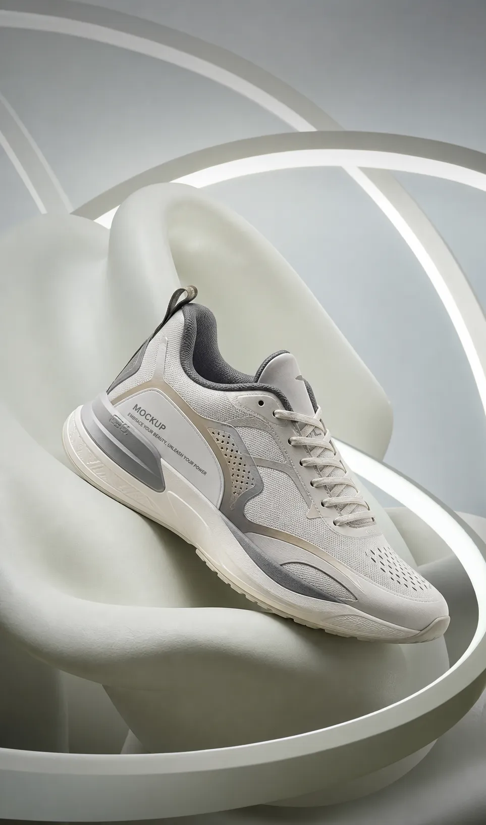 White and Grey Running Shoe Mockup Display｜AI Image Generation Prompts
