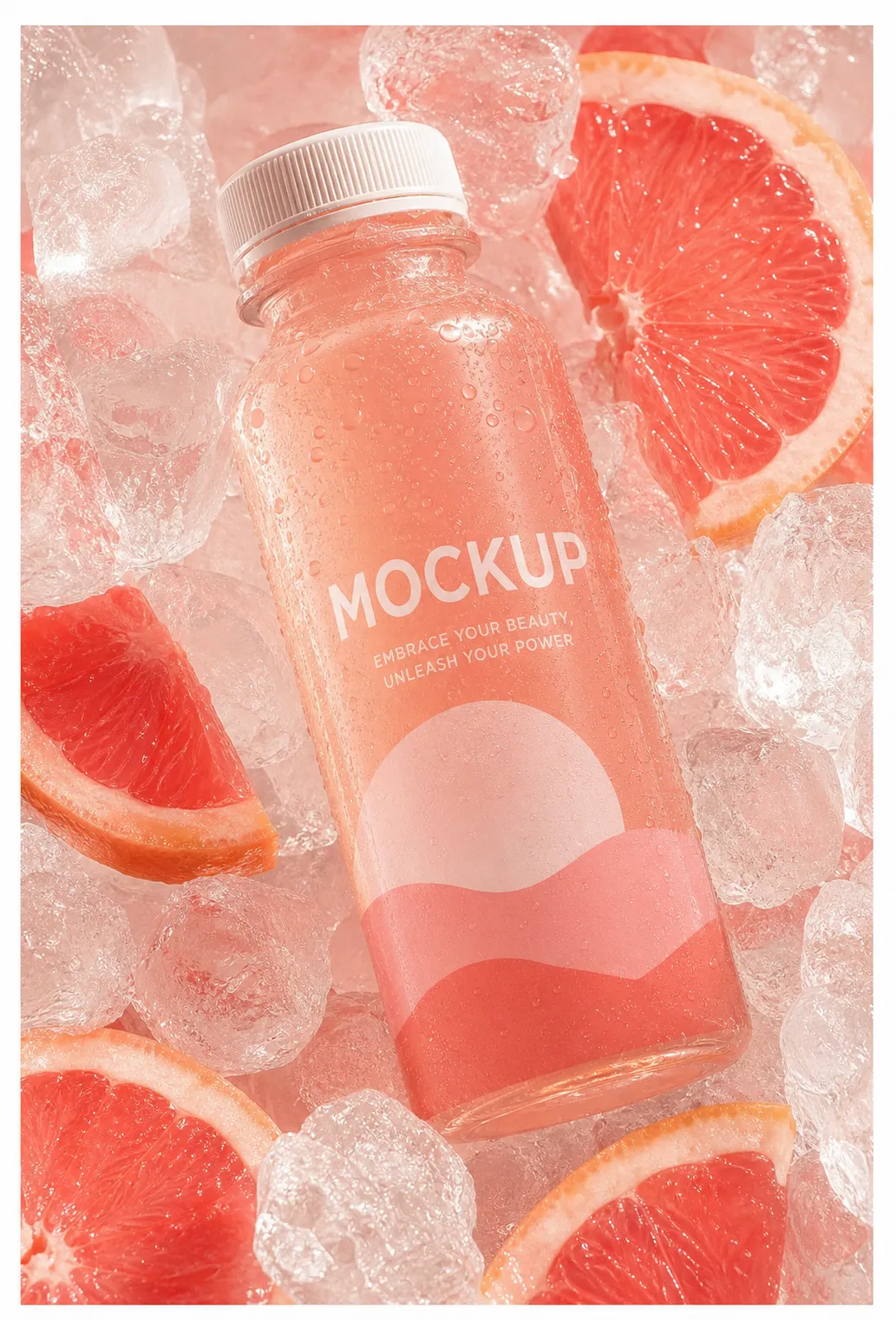 Pink beverage bottle mockup with ice and grapefruit｜AI Image Generation Prompts