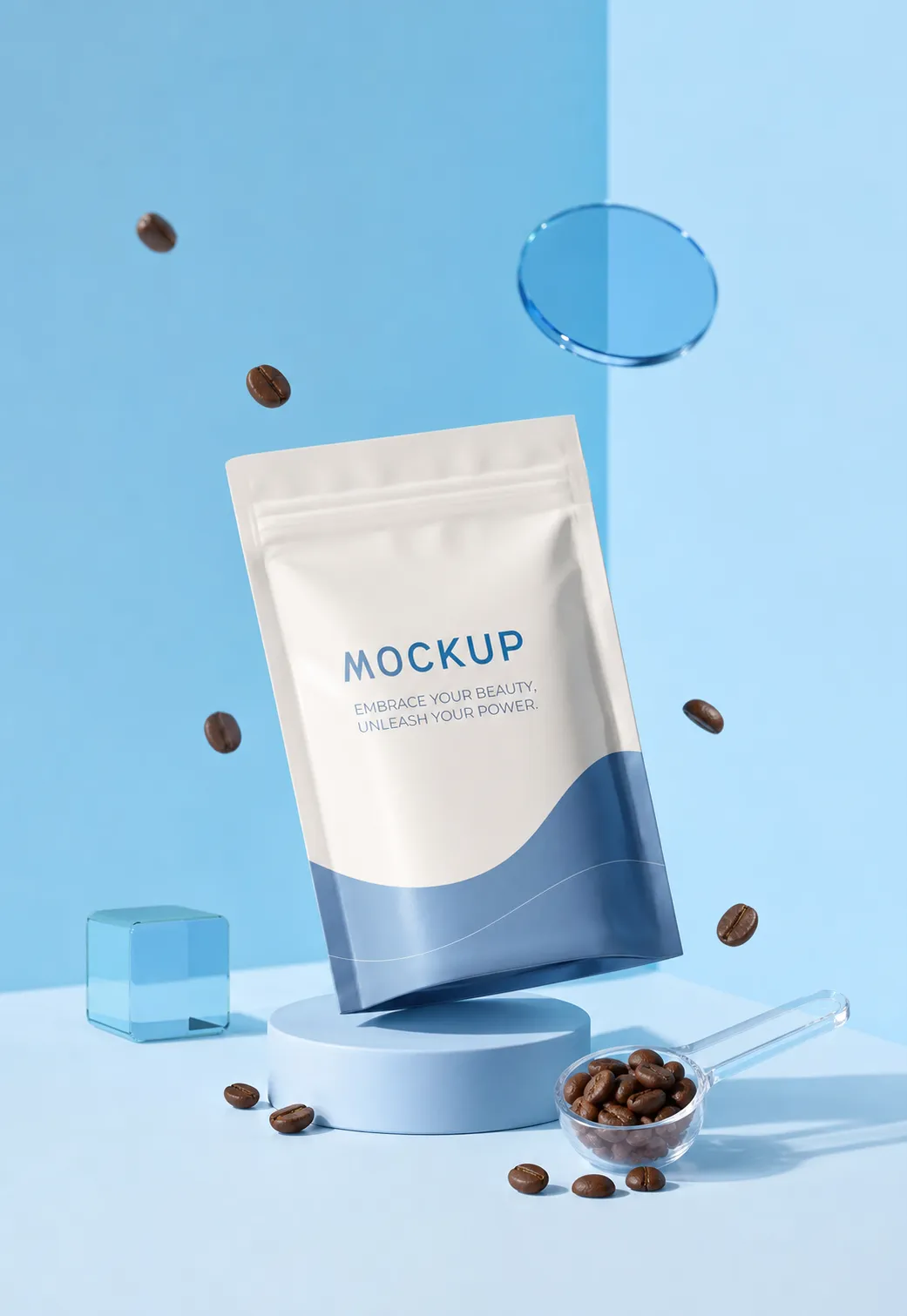 White and blue pouch mockup with floating coffee beans｜AI Image Generation Prompts