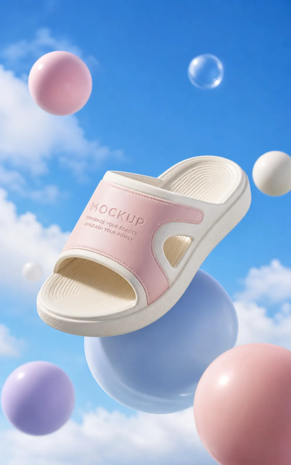 Pink and White Slide Sandal Mockup in Blue Sky｜AI Image Generation Prompts