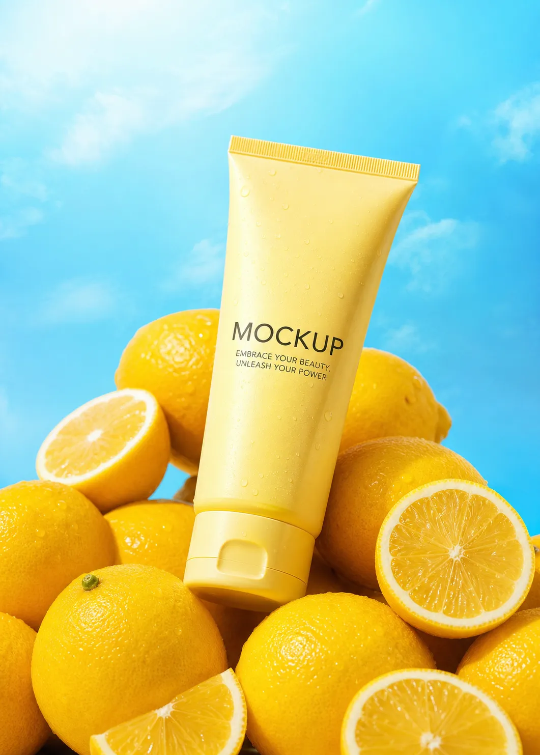 Yellow Cosmetic Tube Mockup Surrounded By Fresh Lemons｜AI Image Generation Prompts