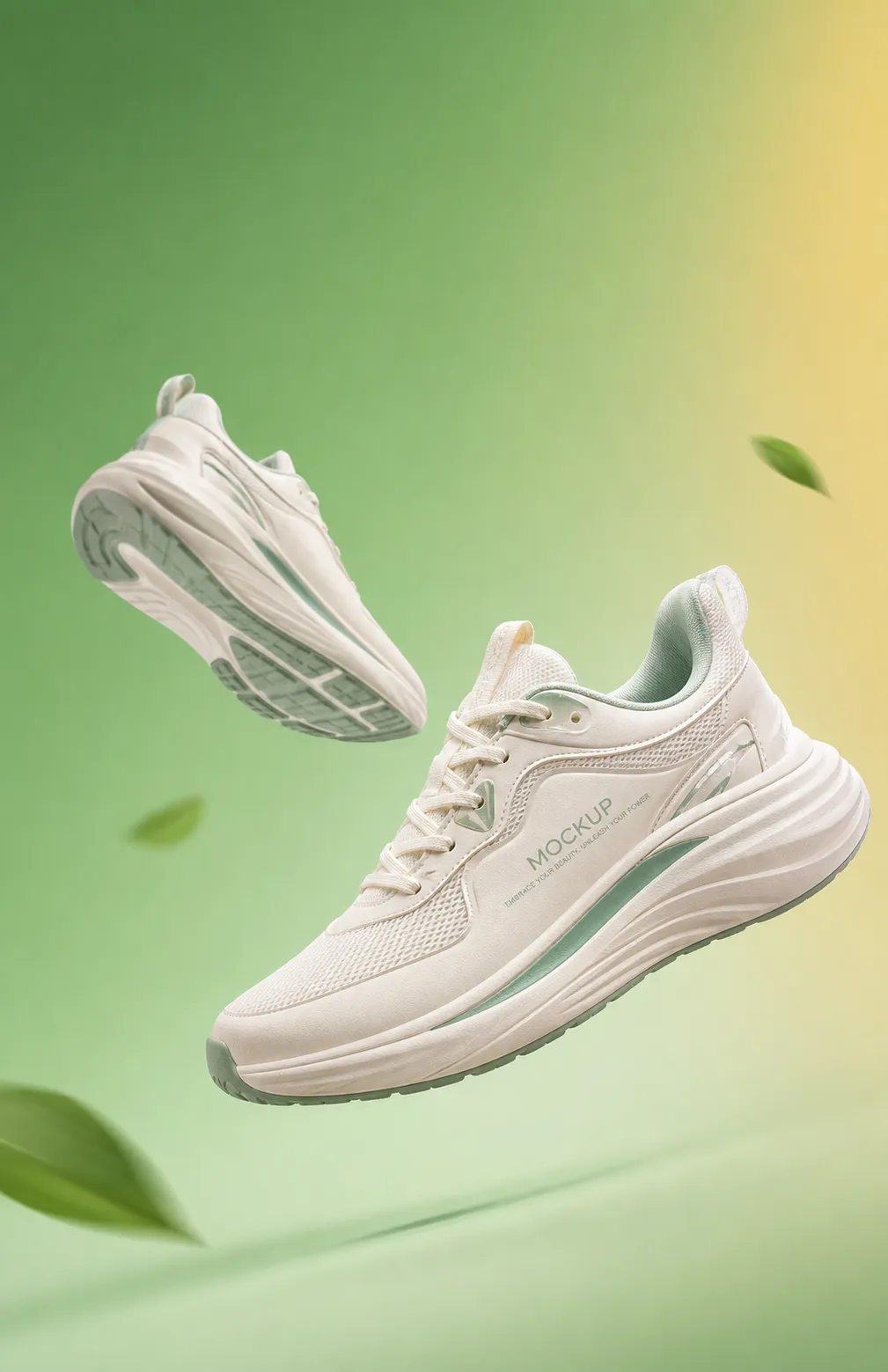 White Sneakers Mockup Floating on Green Background｜AI Image Generation Prompts