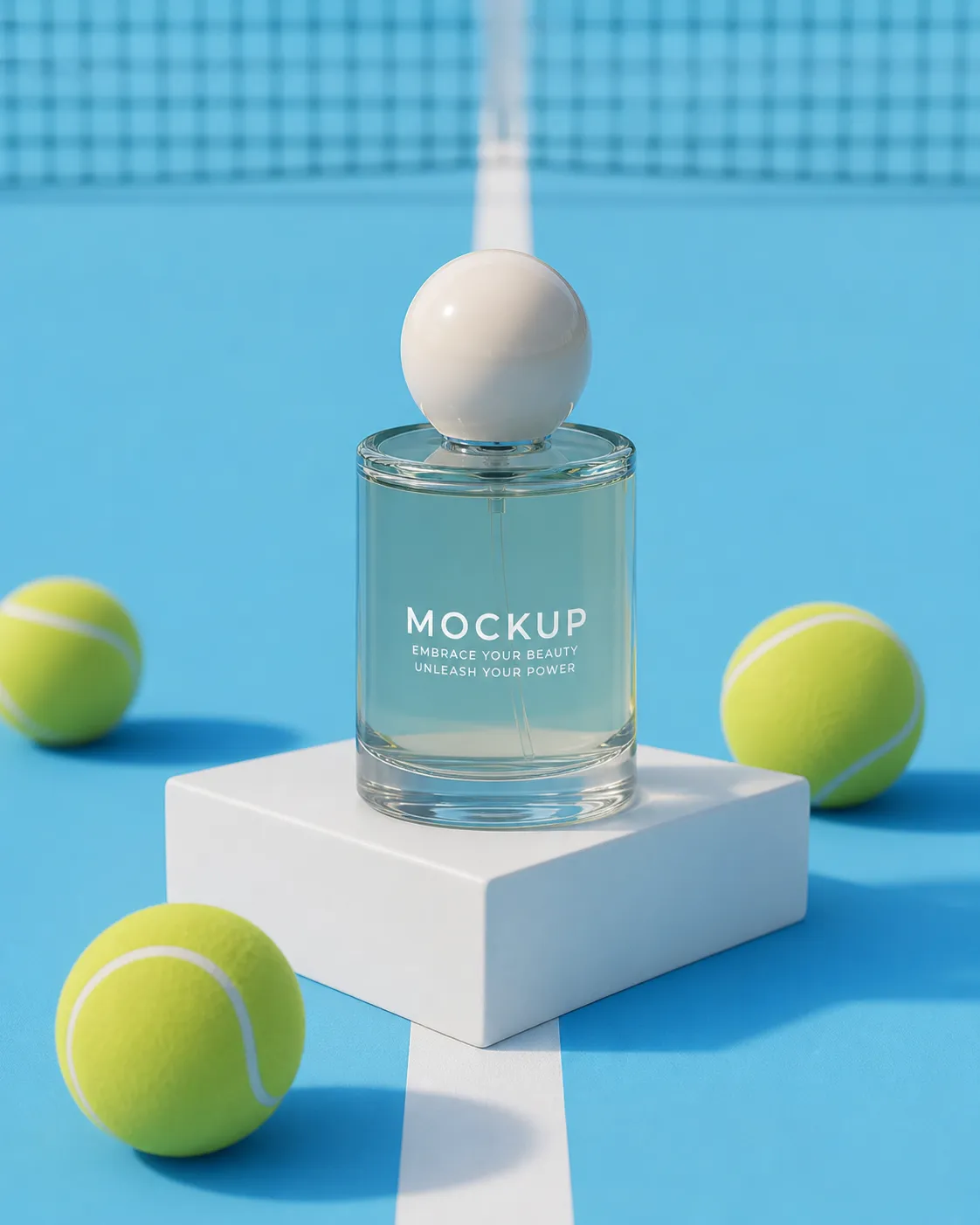 Perfume Bottle Mockup on Tennis Court｜AI Image Generation Prompts