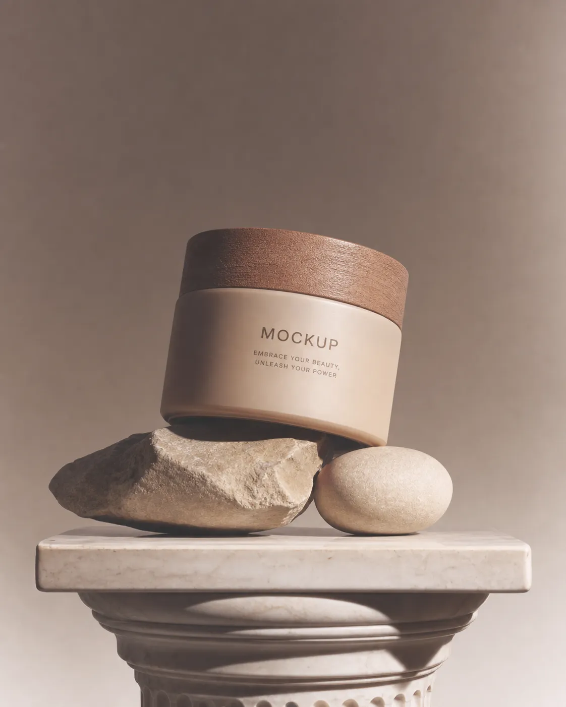 Beige Cosmetic Jar Mockup on Marble Pedestal｜AI Image Generation Prompts