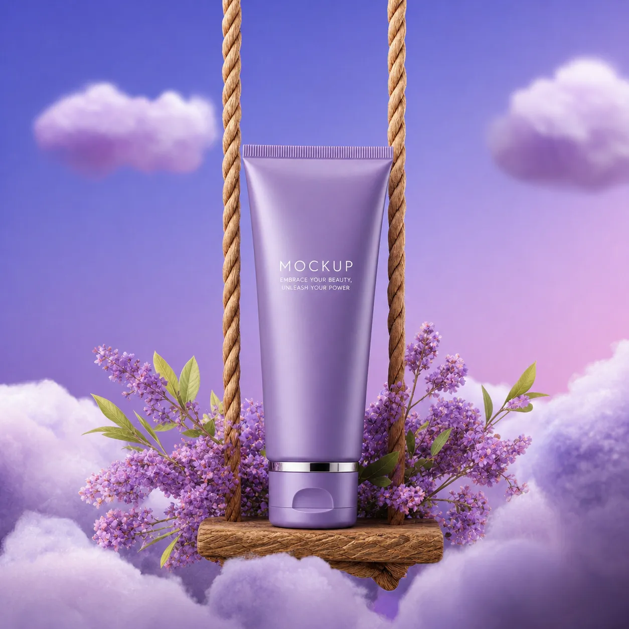 Purple Cosmetic Tube Mockup on Swing with Flowers｜AI Image Generation Prompts