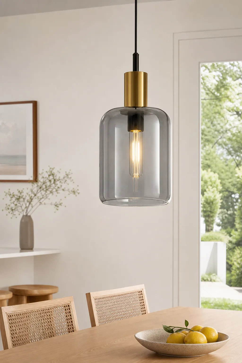 Modern Grey Glass Pendant Light With Brass Accent｜AI Image Generation Prompts