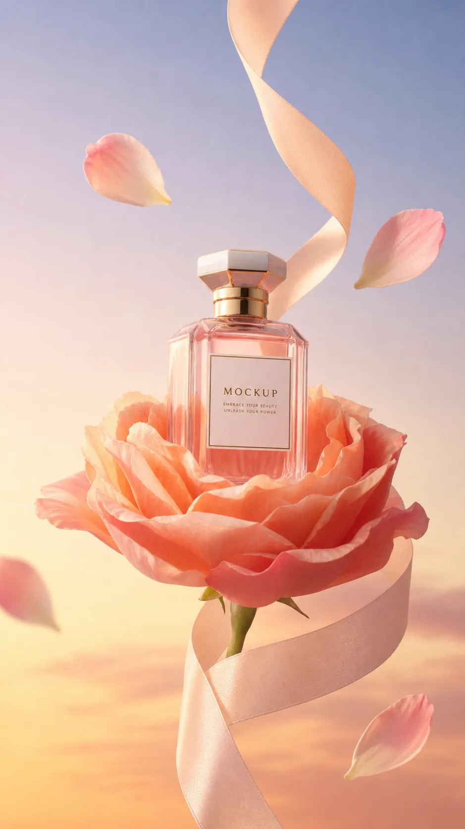 Elegant Pink Perfume Bottle Mockup Inside a Rose｜AI Image Generation Prompts