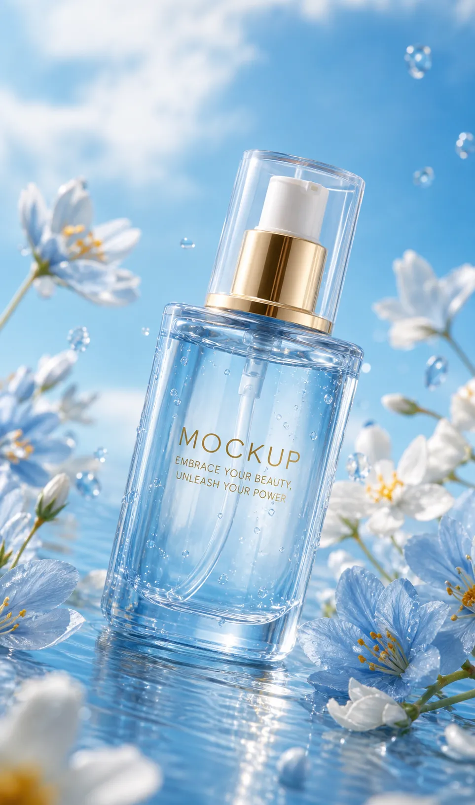 Blue Glass Cosmetic Bottle Mockup with Flowers｜AI Image Generation Prompts