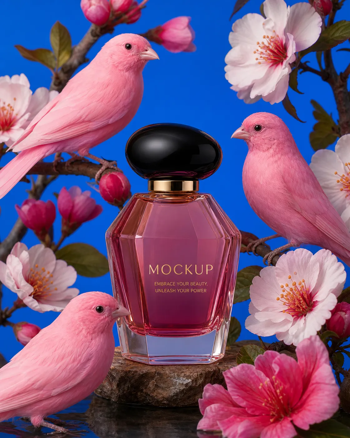 Pink Perfume Bottle Mockup with Birds and Flowers｜AI Image Generation Prompts